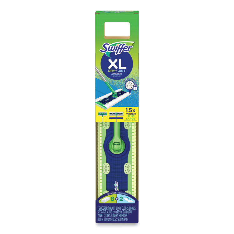 Sweeper Mop XL Dry + Wet Sweeping Kit, 16.5 x 9 White Cloth Head, 46" Green/Silver Aluminum/Plastic Handle