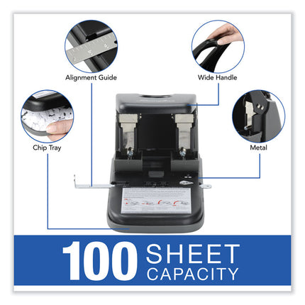 100-Sheet High Capacity Two-Hole Punch, Fixed Centers, 9/32" Holes, Black/gray