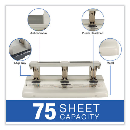 75-Sheet Heavy-Duty High-Capacity Three-Hole Adjustable Punch, 9/32" Holes, Putty/gray