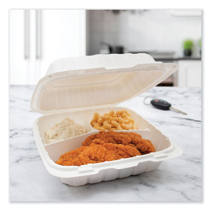 Hinged Lid Containers, 3 Compartments, 9 x 8.75 x 3, White, Plastic, 150/Carton