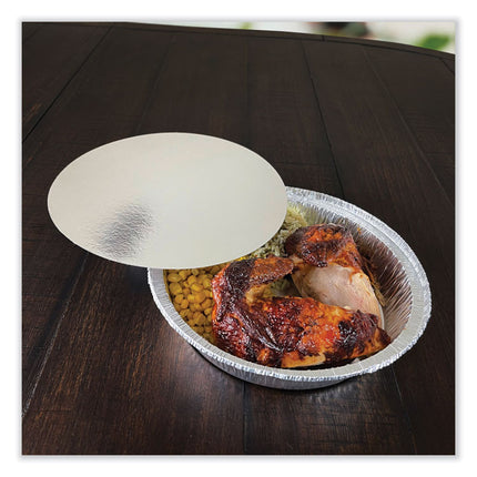 Round Aluminum To-Go Containers with Lid, 48 oz, 9" Diameter x 1.66" h, Silver, 200/Carton