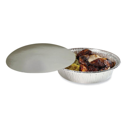Round Aluminum To-Go Containers with Lid, 48 oz, 9" Diameter x 1.66" h, Silver, 200/Carton