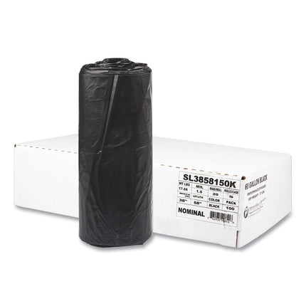 Low-Density Commercial Can Liners, 60 gal, 1.5 mil, 38" x 58", Black, Interleaved Roll, 20 Bags/Roll, 5 Rolls/Carton