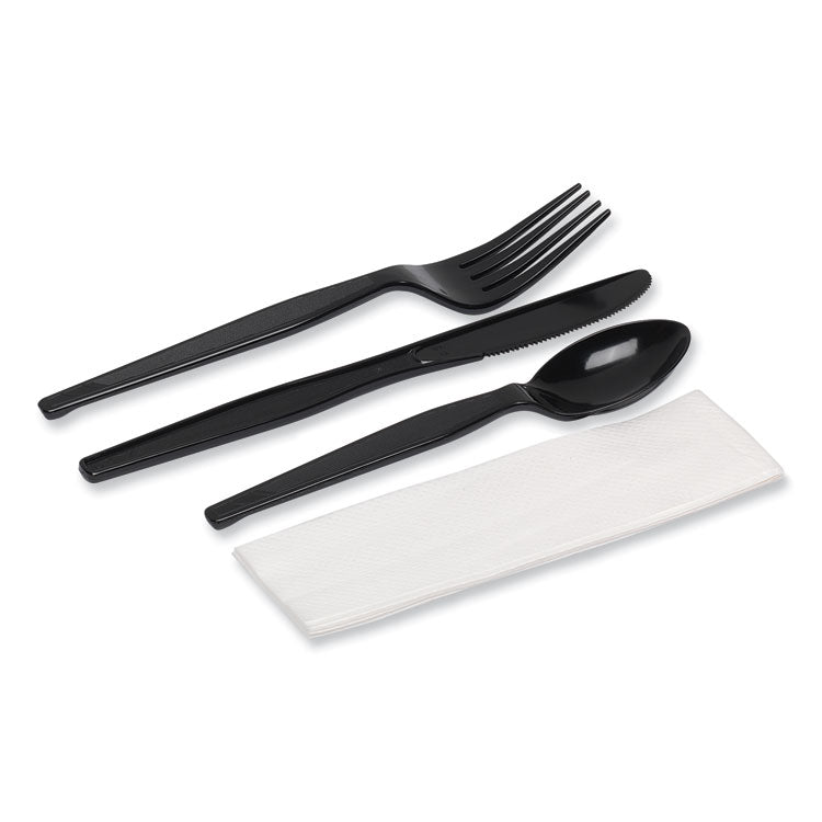 Individually Wrapped Heavyweight Cutlery Set, Fork/Knife/Napkin/Spoon, Plastic, Black, 250/Carton