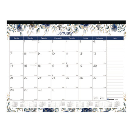 Monthly Desk Pad Calendar, Floral Artwork, 22 x 17, Black Binding, Clear Corners, 12-Month (Jan-Dec): 2025