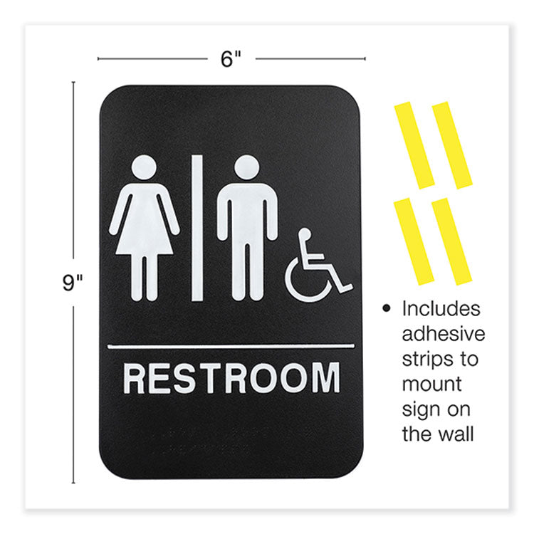 Indoor/Outdoor Restroom Sign with Braille Text and Wheelchair, 6" x 9", Black Face, White Graphics, 3/Pack