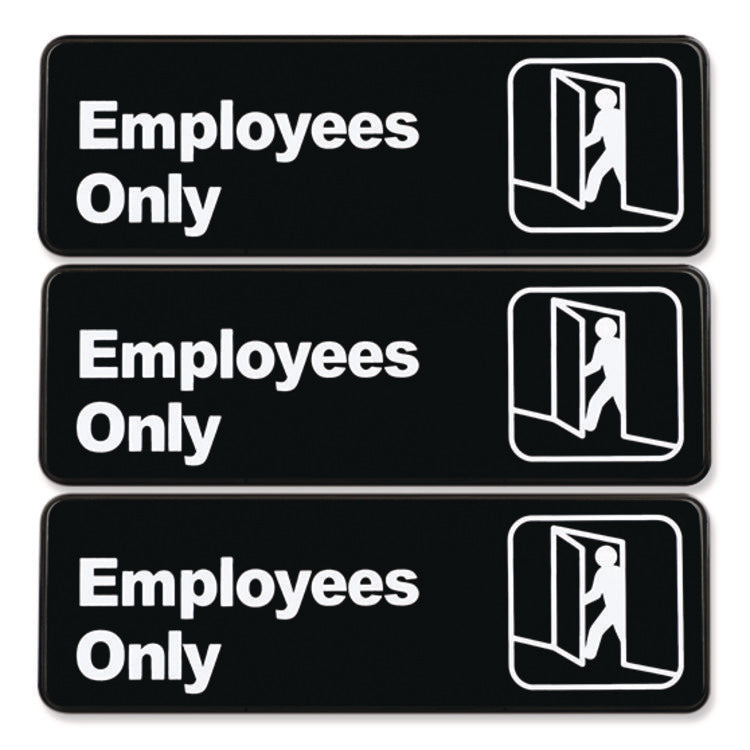 Employees Only Indoor/Outdoor Wall Sign, 9" x 3", Black Face, White Graphics, 3/Pack