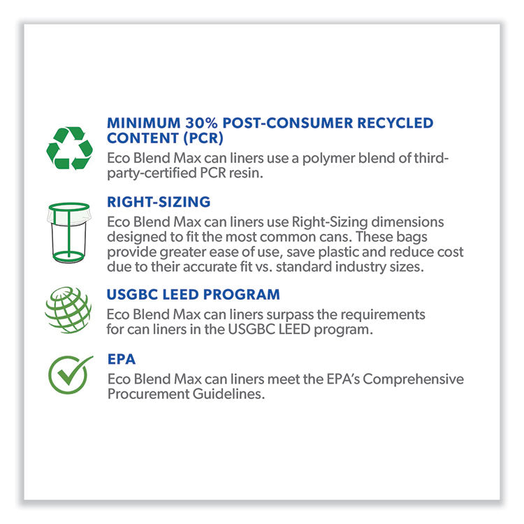 Eco Blend Max Can Liners, 33 gal, 0.8 mil, 33" x 39", Black, 25 Bags/Roll, 8 Rolls/Carton
