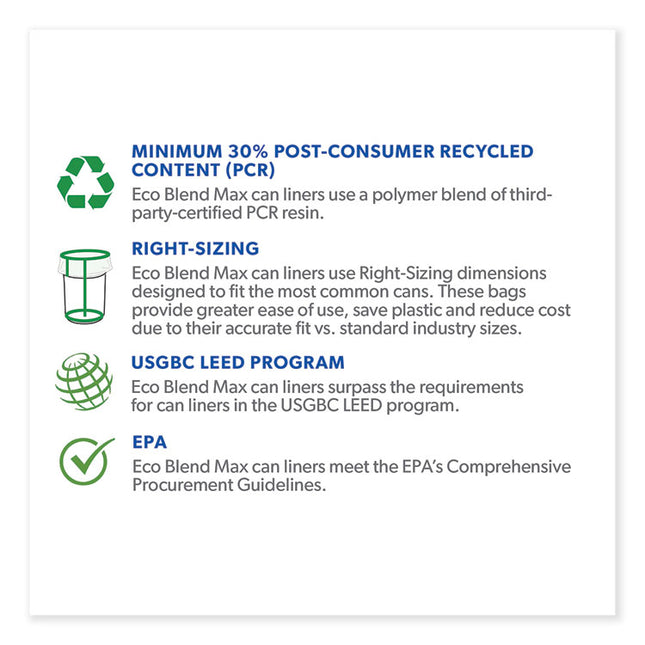 Eco Blend Max Can Liners, 60 gal, 0.8 mil, 38" x 58", Blue, 20 Bags/Roll, 5 Rolls/Carton