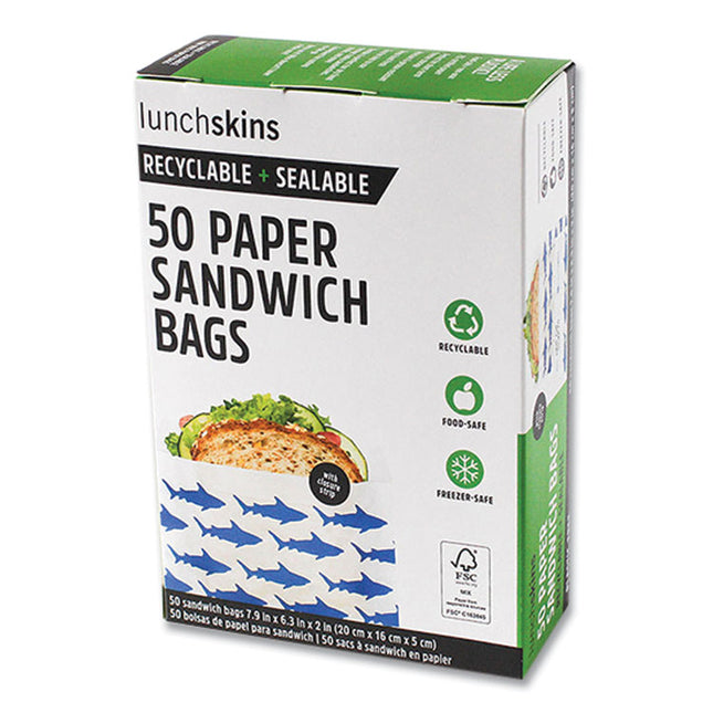 Peel and Seal Sandwich Bag with Closure Strip, 6.3" x 2" x 7.9", Blue Sharks/White, 50/Box