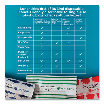 Peel and Seal Sandwich Bag with Closure Strip, 6.3" x 2" x 7.9", Blue Sharks/White, 50/Box