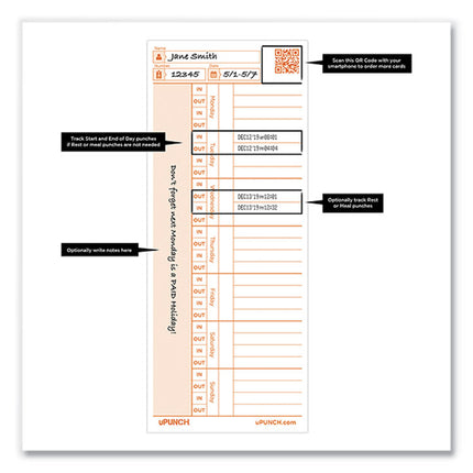 Time Card for PK1100 Time Clock, Two Sides, 3.38 x 8.25, 100/Pack