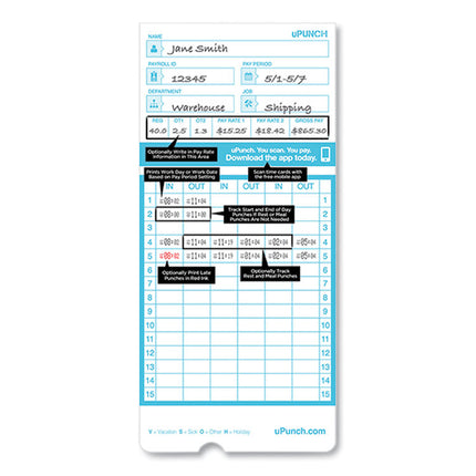 Pay-to-Punch Time Card for SB1200 Time Clock, Two Sides, 3.38 x 7.38, 100/Pack