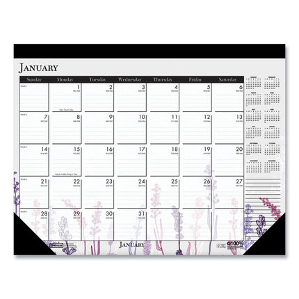 Recycled Desk Pad Calendar, Wild Flowers Artwork, 22 x 17, White Sheets, Black Binding/Corners,12-Month (Jan-Dec): 2025