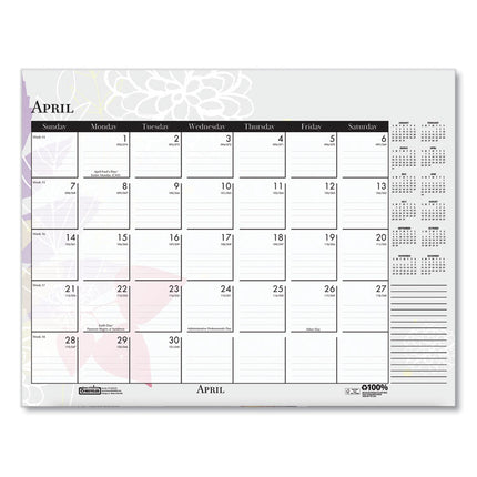 Recycled Desk Pad Calendar, Wild Flowers Artwork, 22 x 17, White Sheets, Black Binding/Corners,12-Month (Jan-Dec): 2025