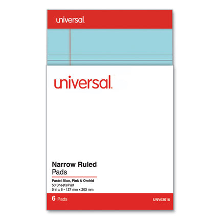 Perforated Ruled Writing Pads, Narrow Rule, Red Headband, 50 Assorted Pastels 5 x 8 Sheets, 6/Pack
