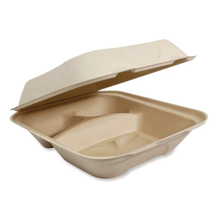 Fiber Hinged Containers, 3 Compartments, 8.8 x 8.2 x 2.9, Natural, Paper, 300/Carton