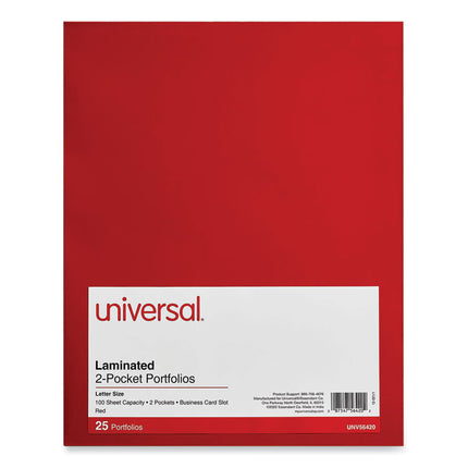 Laminated Two-Pocket Folder, Cardboard Paper, 100-Sheet Capacity, 11 X 8.5, Red, 25/box