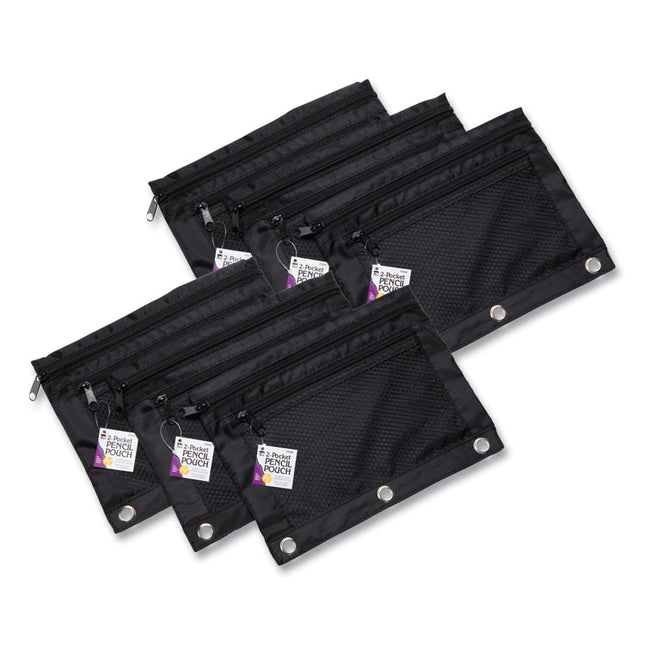 Two-Pocket Binder-Insertable Pencil Pouch with Mesh Front, 2 Compartments, 3-Hole Punched, 11" x 9", Black, 6/Pack