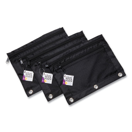 Two-Pocket Binder-Insertable Pencil Pouch with Mesh Front, 2 Compartments, 3-Hole Punched, 11" x 9", Black, 6/Pack