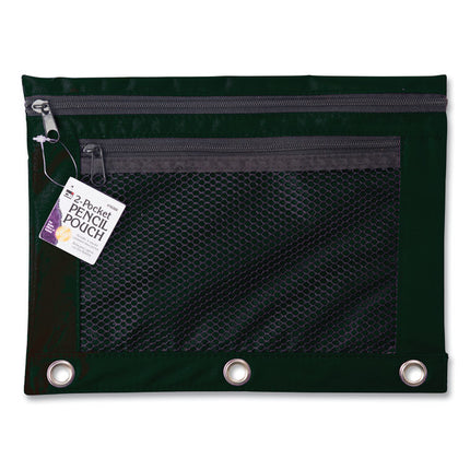 Two-Pocket Binder-Insertable Pencil Pouch with Mesh Front, 2 Compartments, 3-Hole Punched, 11" x 9", Black, 6/Pack
