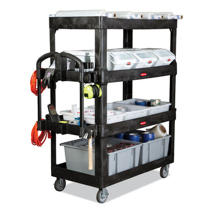 BRUTE Heavy-Duty Ergo Utility Cart, Plastic, 4 Shelves, 700 lb Capacity, 24.35" x 54.1" x 62.4", Black