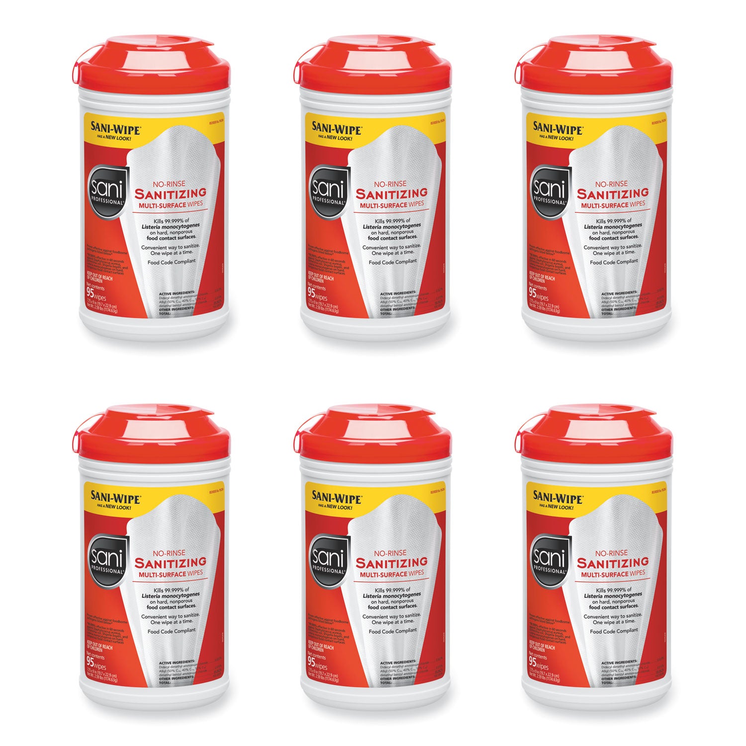 No-Rinse Sanitizing Multi-Surface Wipes, Unscented, White, 95/Container, 6/Carton