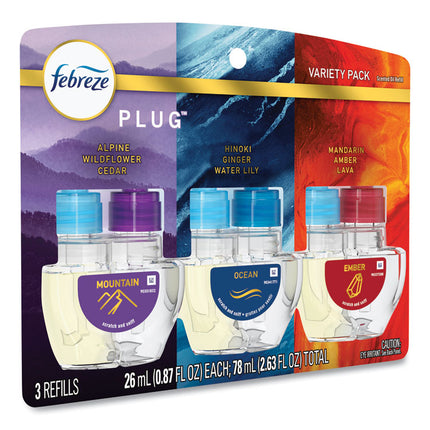 PLUG Air Freshener Refills, 2.63 oz, Alpine Wildflower Cedar/Hinoki Ginger Water Lily/Mandarin Amber Lava, 3/PK, 6 PK/Carton