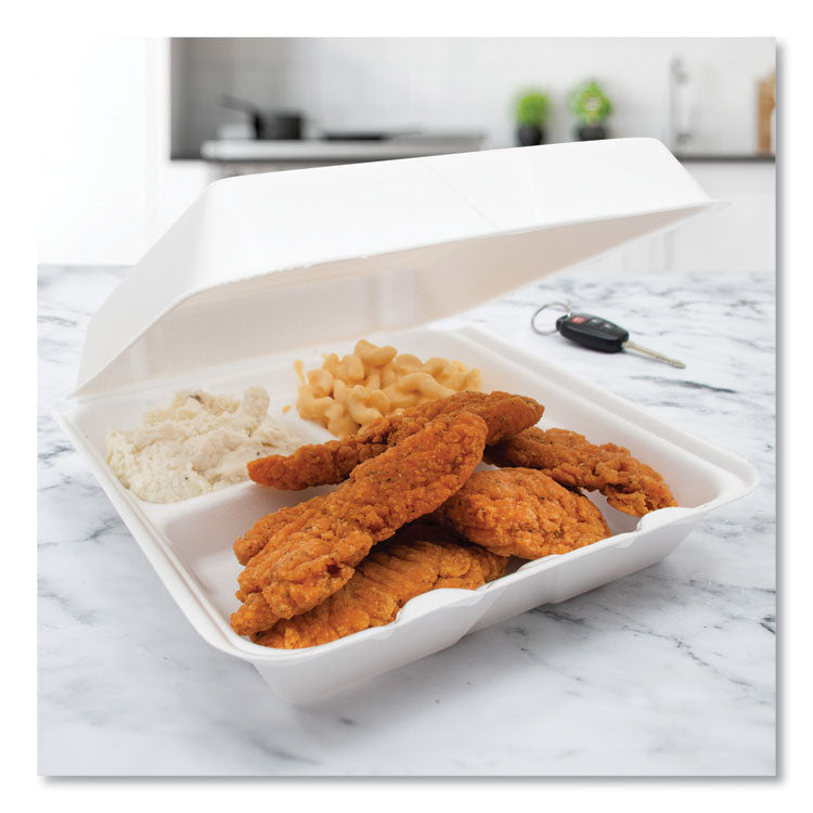 Foam Hinged Lid Containers, 3 Compartments, 9.25 x 9.5 x 3, White, 100/Sleeve, 2 Sleeves/Carton