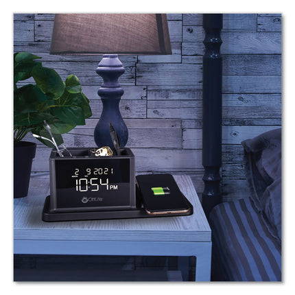 Desktop Organizer with LED Alarm Clock/Device Charger, 2 Compartments, 10.68 x 4.88 x 4.32, Black, Plastic
