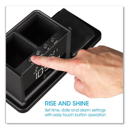 Desktop Organizer with LED Alarm Clock/Device Charger, 2 Compartments, 10.68 x 4.88 x 4.32, Black, Plastic