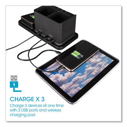 Desktop Organizer with LED Alarm Clock/Device Charger, 2 Compartments, 10.68 x 4.88 x 4.32, Black, Plastic