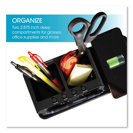 Desktop Organizer with LED Alarm Clock/Device Charger, 2 Compartments, 10.68 x 4.88 x 4.32, Black, Plastic