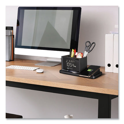 Desktop Organizer with LED Alarm Clock/Device Charger, 2 Compartments, 10.68 x 4.88 x 4.32, Black, Plastic