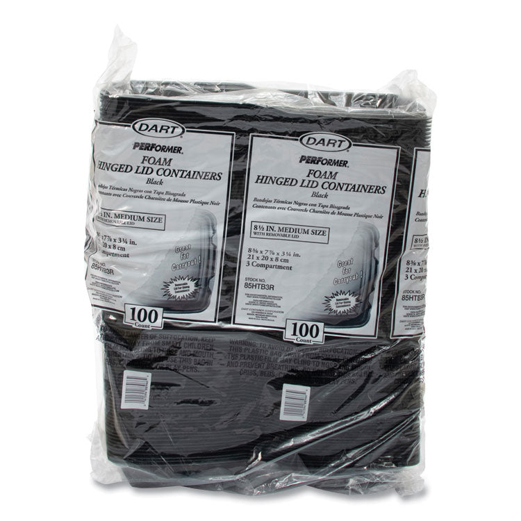 Insulated Foam Hinged Lid Containers, 3 Compartments, 7.96 x 3.2 x 8.36, Black, 200/Carton
