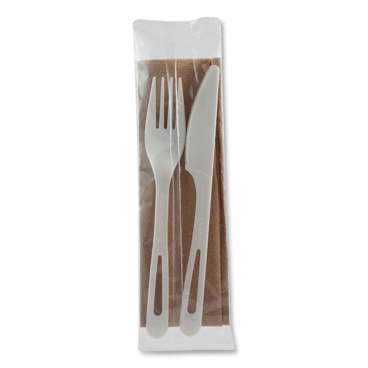 TPLA Compostable Cutlery, Fork/Knife/Napkin, Plastic, White, 500/Carton