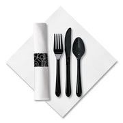 CaterWrap Heavyweight Cutlery Combo Kit, Fork/Knife/Napkin/Spoon, Plastic, Black, 100/Carton