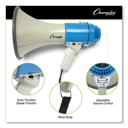 Megaphone, 12 W to 25 W, 1,000 yds Range, White/Blue