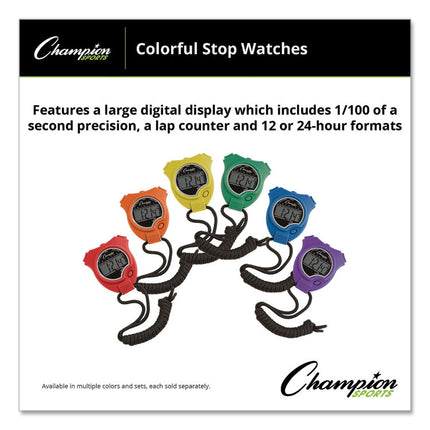 Water-Resistant Stopwatches, Accurate To 1/100 Second, Assorted Colors, 6/box