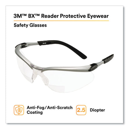 BX Molded-In Diopter Safety Glasses, 2.5+ Diopter Strength, Silver/Black Frame, Clear Lens