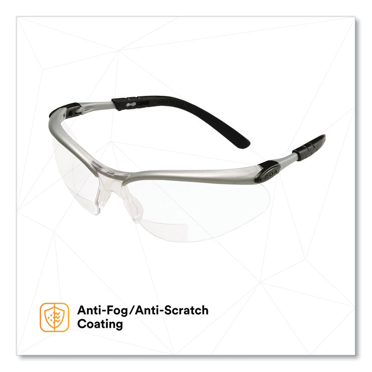 BX Molded-In Diopter Safety Glasses, 2.5+ Diopter Strength, Silver/Black Frame, Clear Lens