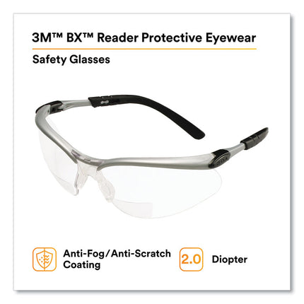 BX Molded-In Diopter Safety Glasses, 2.0+ Diopter Strength, Silver/Black Frame, Clear Lens