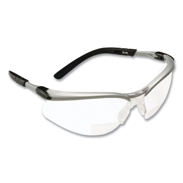BX Molded-In Diopter Safety Glasses, 2.0+ Diopter Strength, Silver/Black Frame, Clear Lens