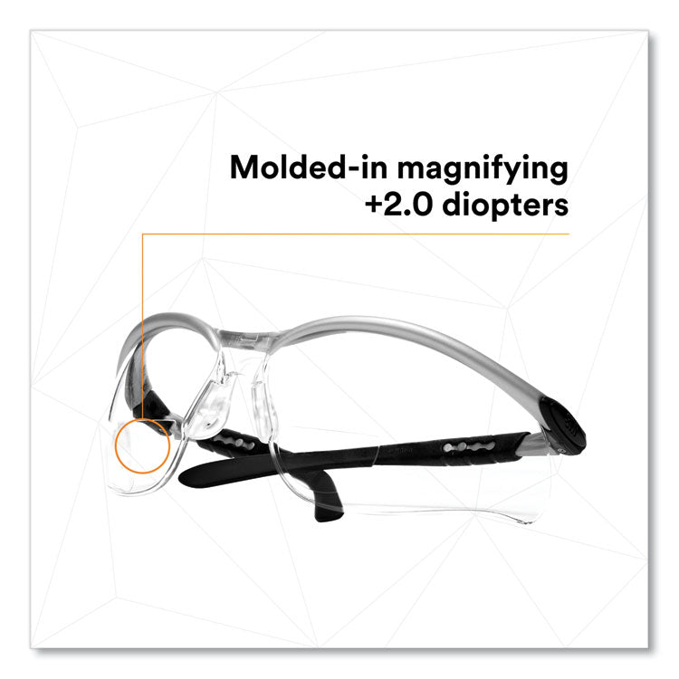 BX Molded-In Diopter Safety Glasses, 2.0+ Diopter Strength, Silver/Black Frame, Clear Lens