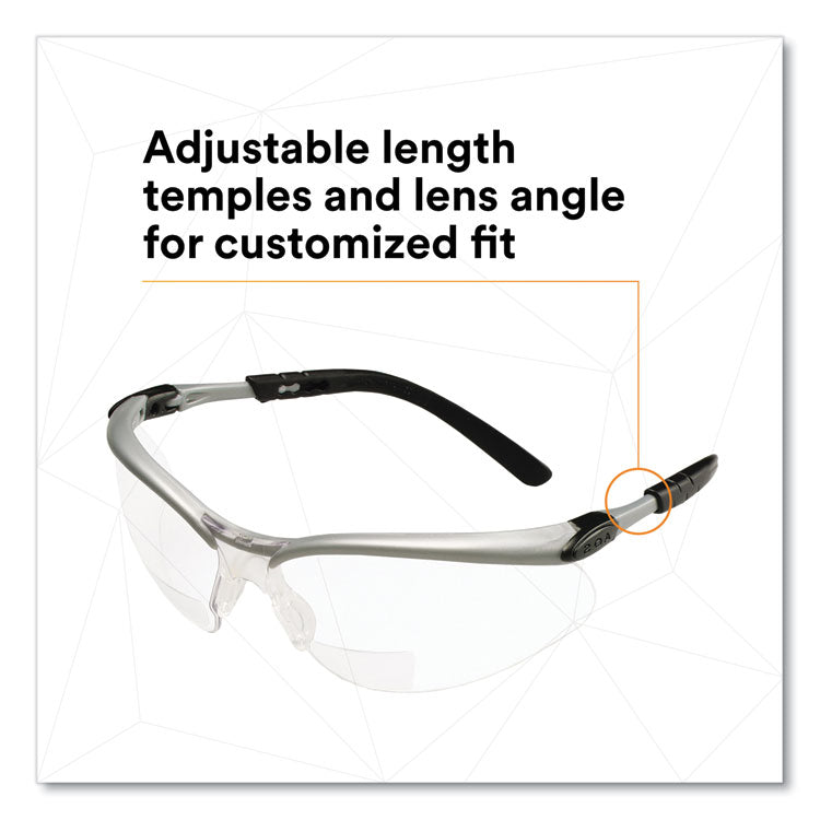 BX Molded-In Diopter Safety Glasses, 2.5+ Diopter Strength, Silver/Black Frame, Clear Lens
