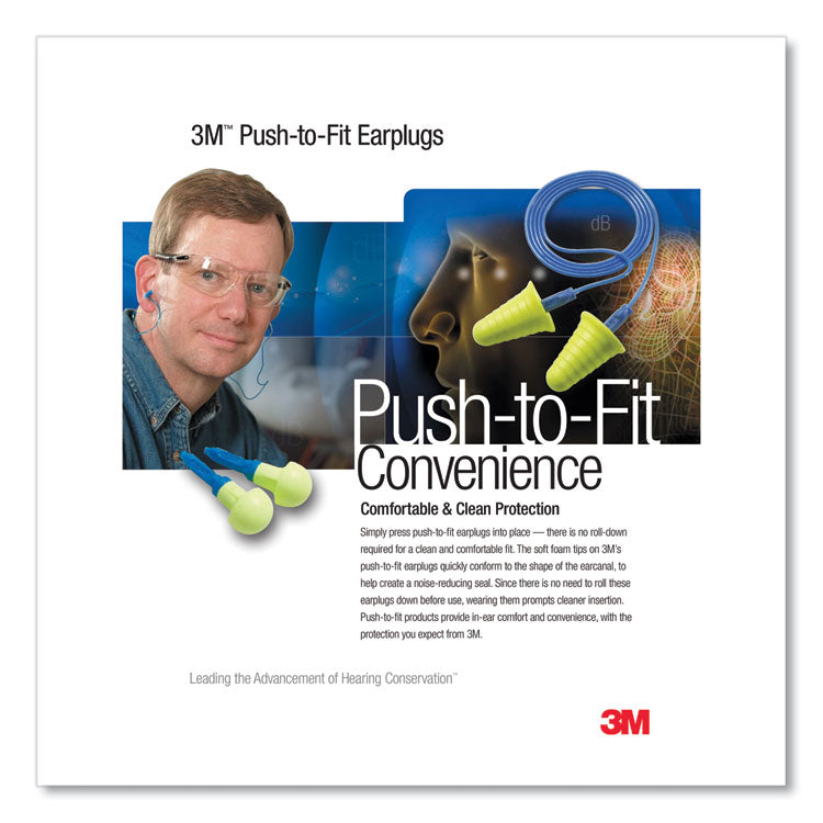 E-A-R Push-Ins Single-Use Earplugs, Metal Detectable, Corded, 28 dB NRR, Blue/Yellow, 200 Pairs