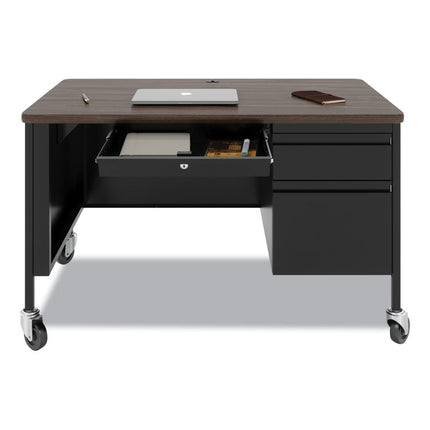 Mobile Teachers Pedestal Desks, Right-Hand Pedestal: Box/File Drawers, 48" x 30" x 29.5", Walnut/Black