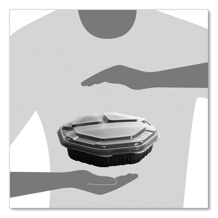 OctaView Hinged-Lid Hot Food Containers, 3 Compartments, 38 oz, 9.55 x 9.1 x 2.4, Black/Clear, Plastic, 100/Carton