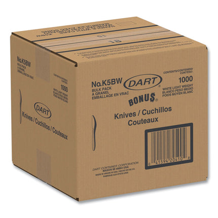 Bonus Polypropylene Cutlery, Lightweight Knife, Plastic, White, 1,000/Carton