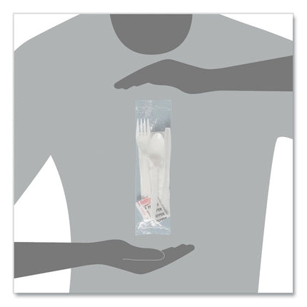 Regal Mediumweight Cutlery Kit, Individually Wrapped, Fork/Knife/Napkin/Spoon/Salt/Pepper, Plastic, White, 750/Carton